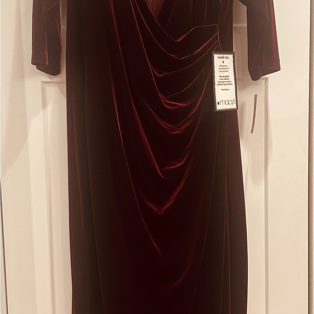 Alex Evenings Burgundy Velvet Long Sleeve Draped Gown